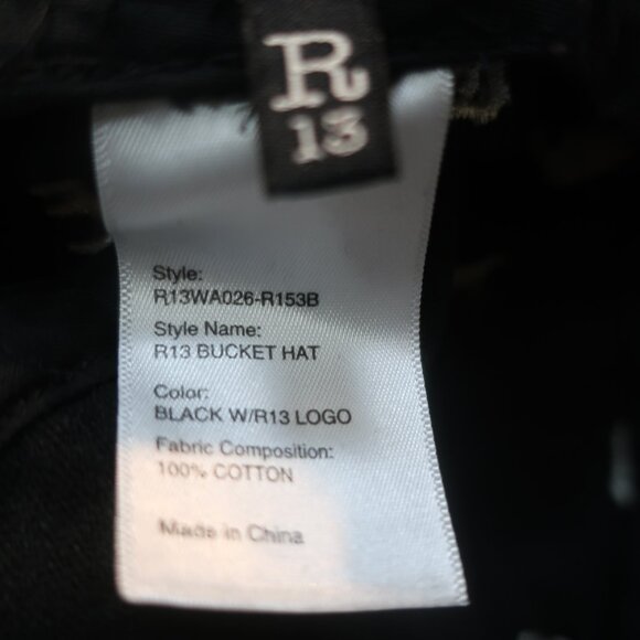 R13 Black Bucket Hat with White Logo Embroidery